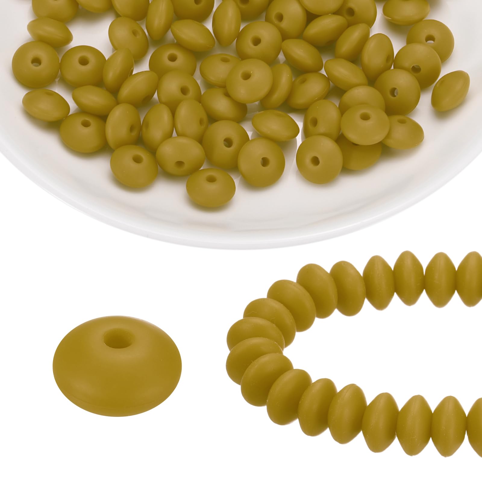 sourcing map 100Pcs Silicone Beads 12mm Lentil Rubber Focal Beads Bulk for Pens Keychain Bracelet Necklace DIY Crafts Making, Olive Green