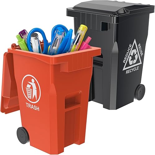 Wiosi Mini soporte para bolígrafos de basura para escritorio y pequeño contenedor de reciclaje, negro y naranja, paquete de 2 unidades,