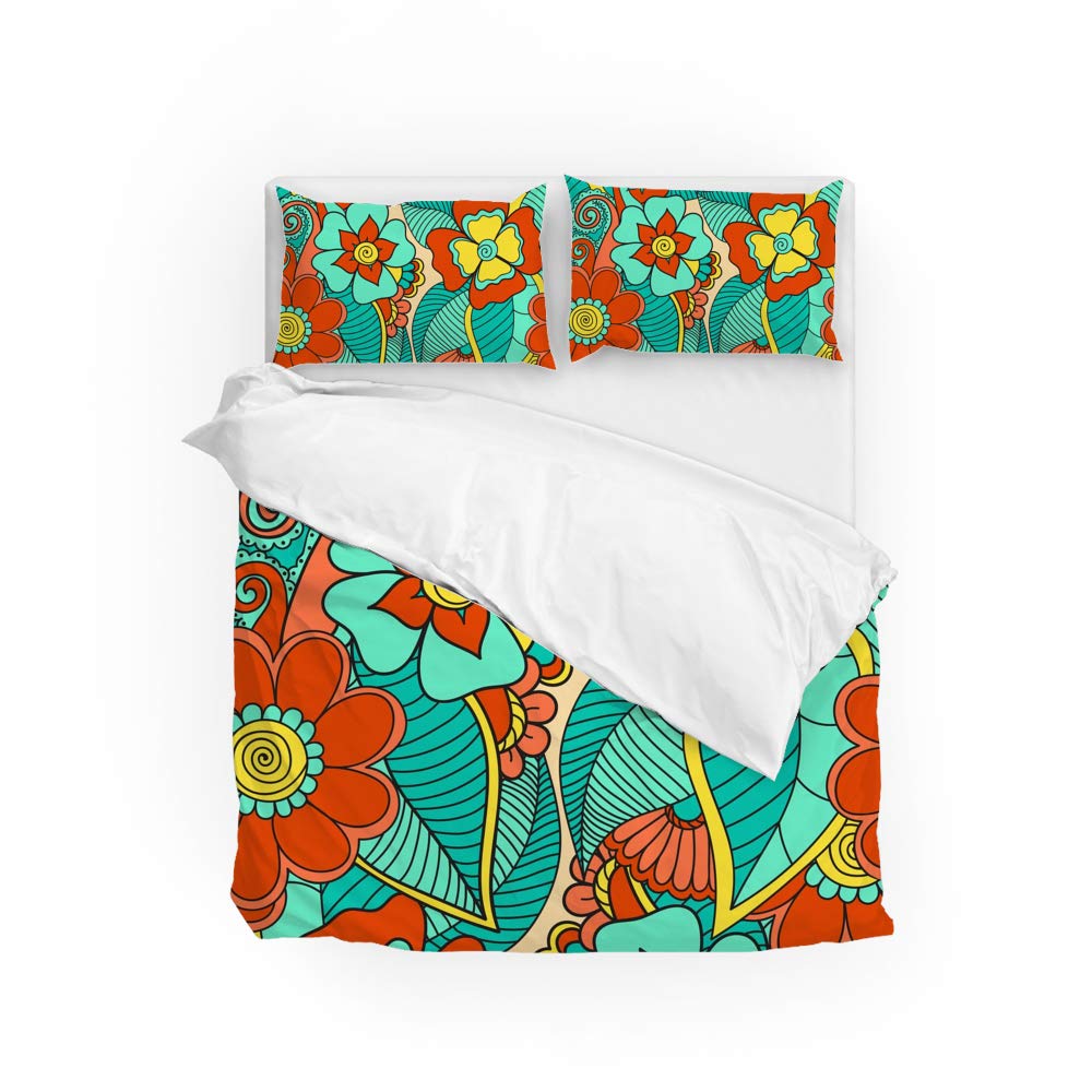 Parure de lit King Size 3 pièces fleurs multicolores en polyester double