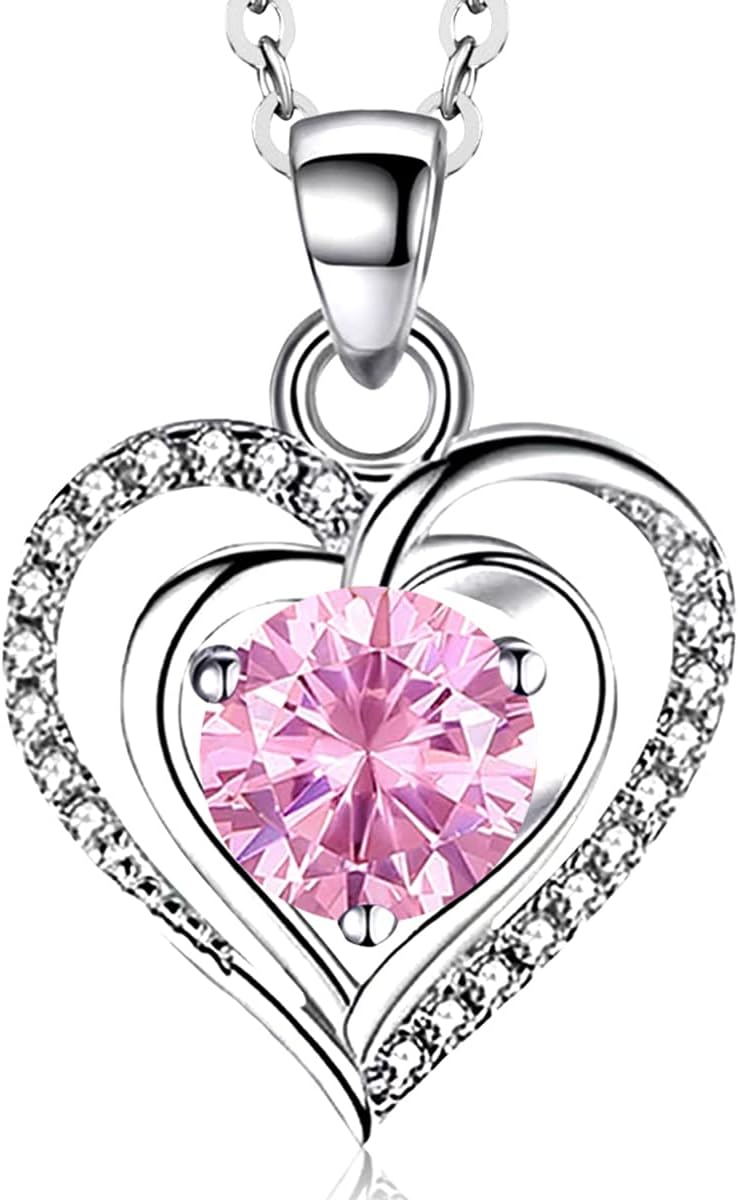 RIVIKO Heart Birthstone Pendant Necklace for Women 925 Sterling Silver Zirconia Necklaces Valentine's Day Anniversary Birthday Mothers Day Jewelry Gifts For Her Mother Wife