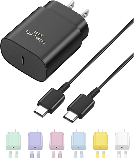 USB C Fast Charger, Type C Super Fast Wall Charger Charging Block for Samsung Galaxy S24 S23 S22 S21 S20 Ultra S10 S9, Note 20 10 9 with 6ft USB C to C Cable 25W USB C Charger Adapter