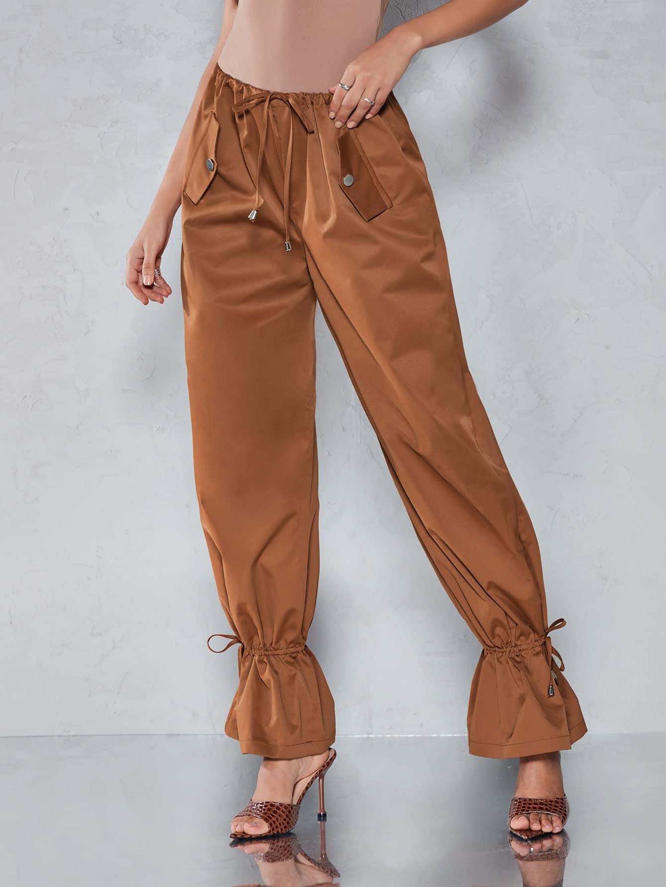 REDESYN Pants for Women Womens Pant Drawstring Waist Flap Pocket Pants Pants Color Brown Size Small