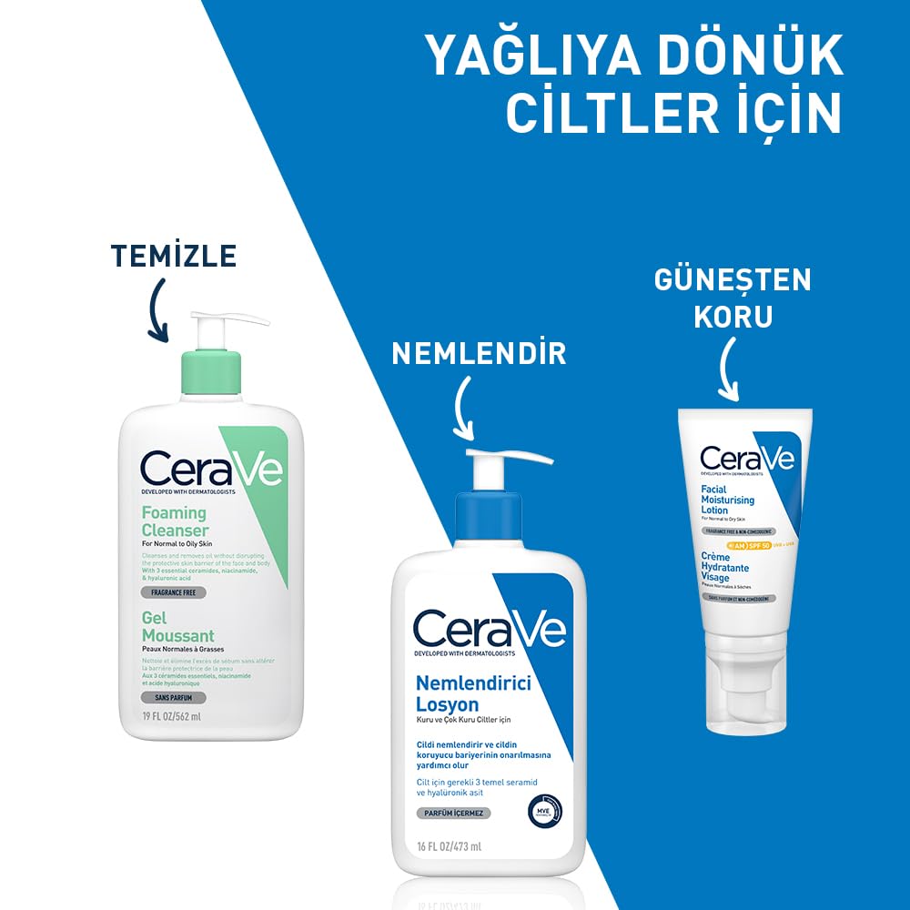 CeraVe Normal ve Yağlı Ciltler için Seramid İçerikli Köpüren Temizleyici Yüz Vücut 562 ml