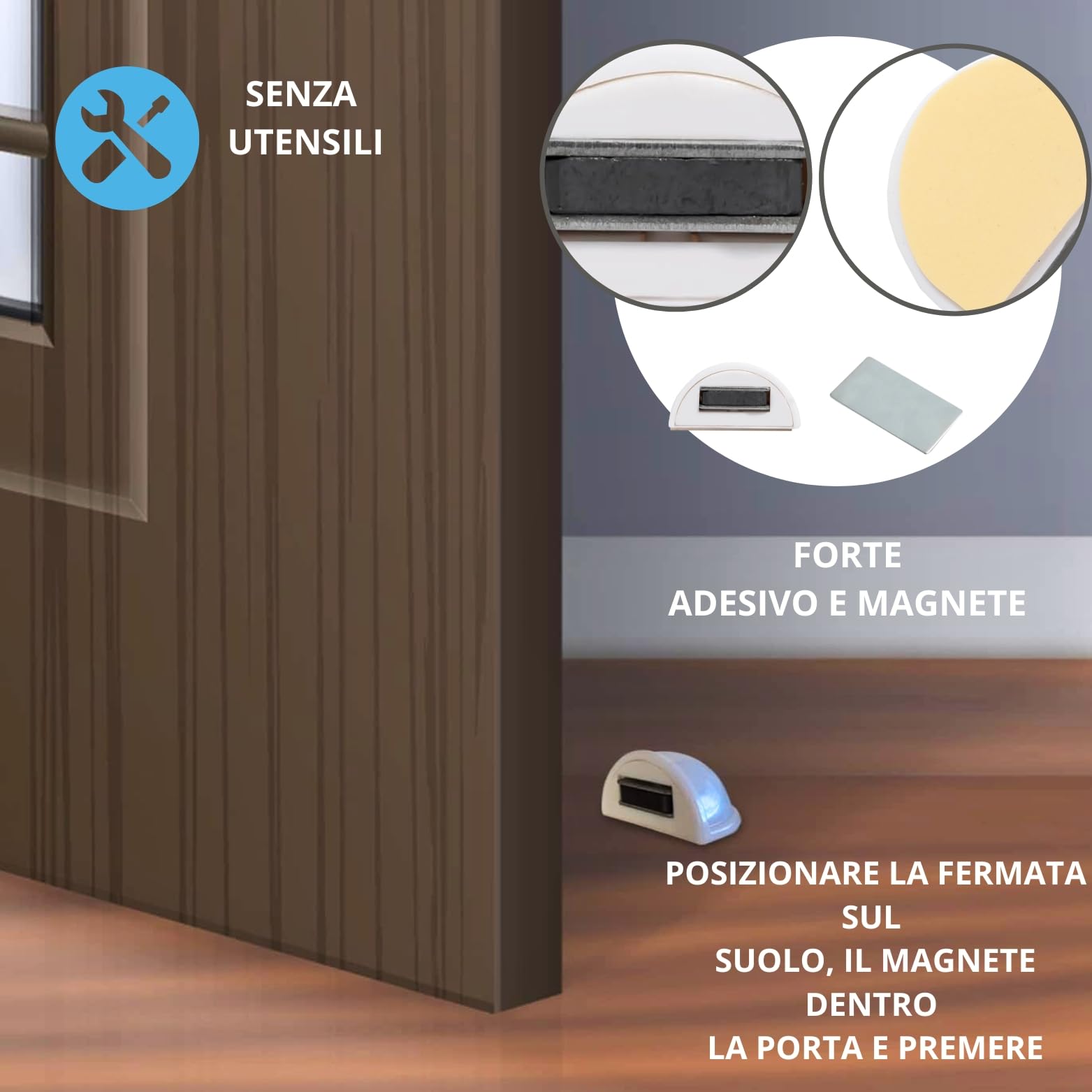 Fermaporta magnetico - Fermoporta da pavimento 4 pezzi - Fermaporte da terra adesivi - Blocca porta da pavimento bianco - Paracolpi porta