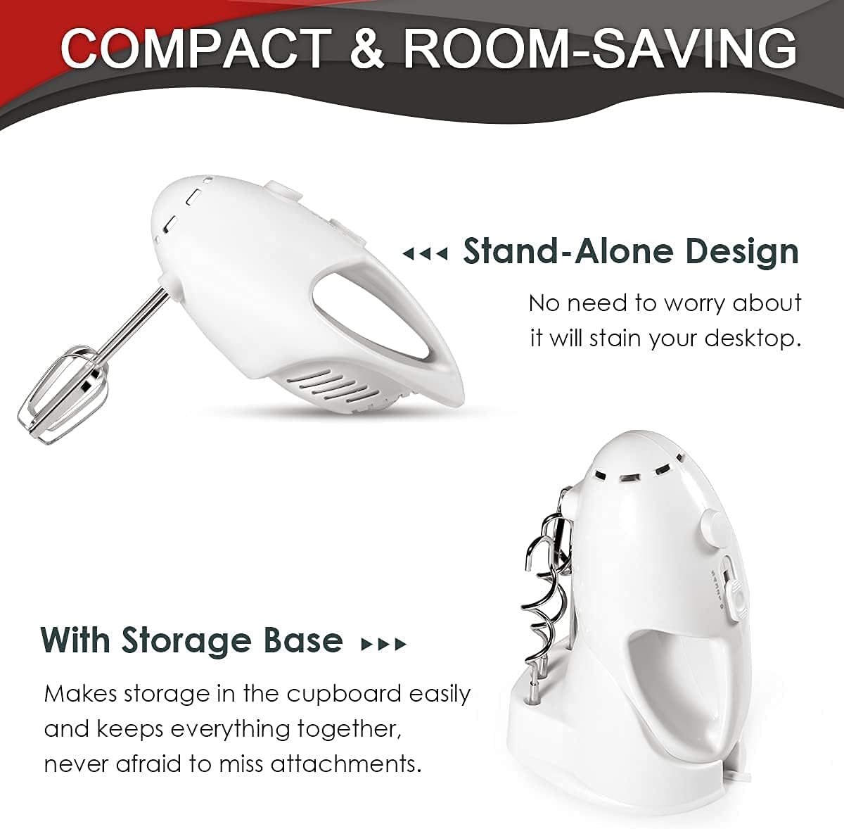 Hand Mixer Electric, 5-Speed Kitchen Handheld Mixer with Turbo Egg Separator, 4 Stainless Steel Accessories for Easy Whipping, Mixing, Cakes, Cookies, Cream, Batters 2021White