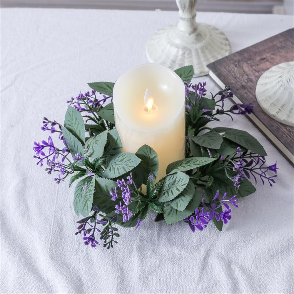 2 Pcs Artificial Hydrangea Candle Rings Eucalyptus Leaves Wreaths Small Boho Wreath Pillar Candle Holder for Easter Wedding Home Door Tabletop