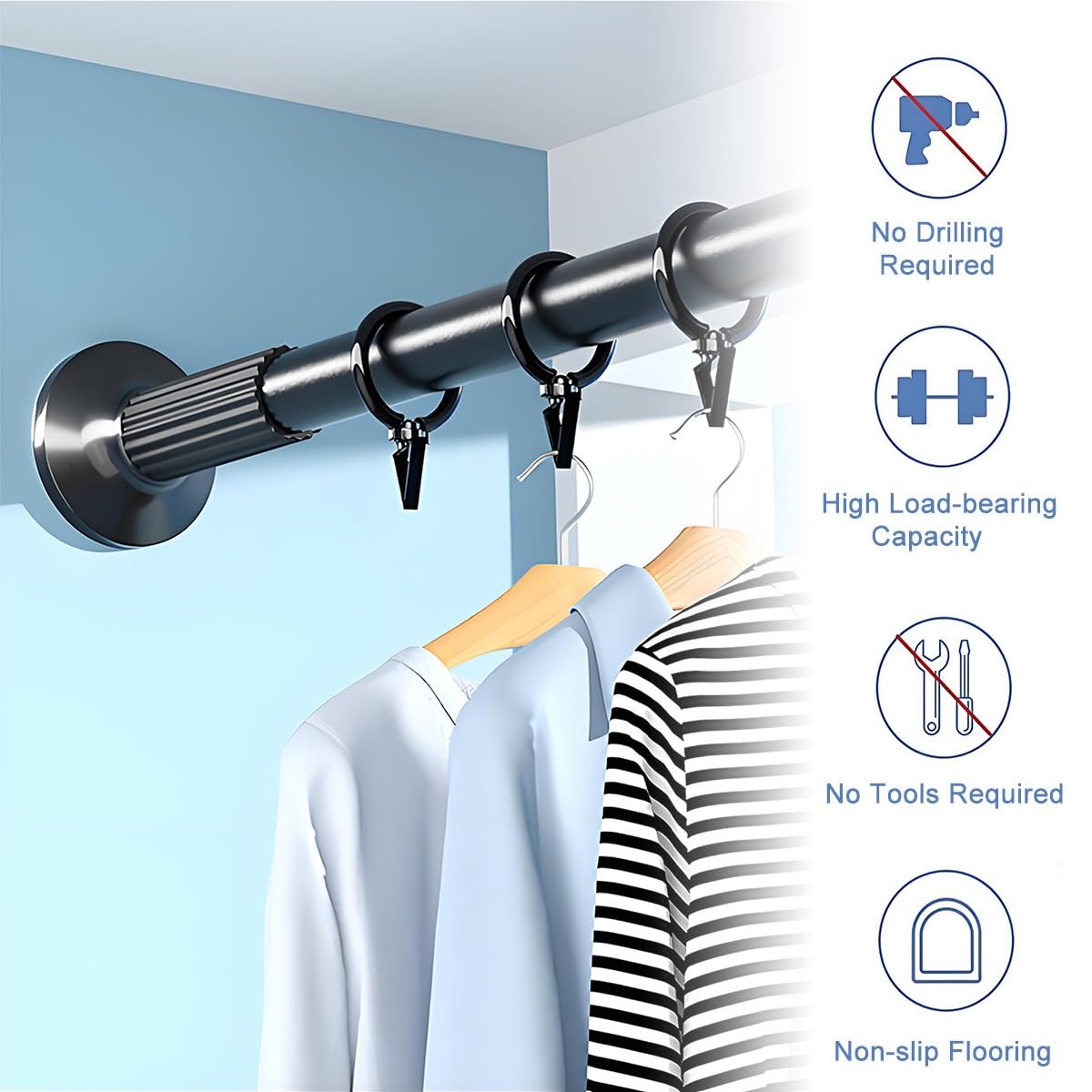 Asta per Tenda da Doccia Regolabile Senza Foratura, Estensibile da 1 m a 4 m, Antiscivolo, Asta telescopica per Bagno, Facile da installare, Nera (0,91 m / 34,2 Piedi)