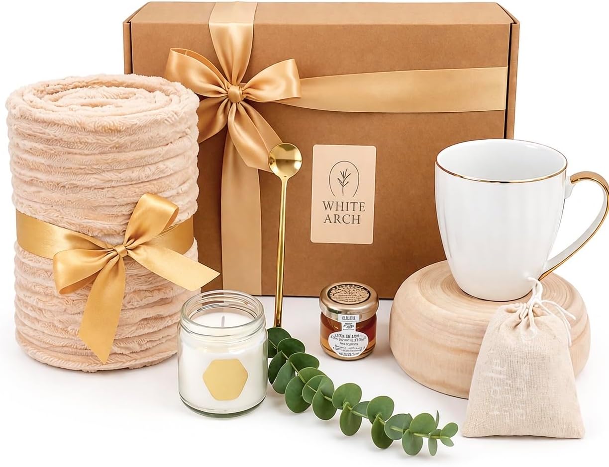 Gift Basket for Women, Unique Birthday Gift, Relaxation or Get Well Soon Gift – Cozy Blanket, Mug, Candle, Honey Jar, Herbal Tea, Gold Spoon, Thank you Card, Gift Box – White Arch