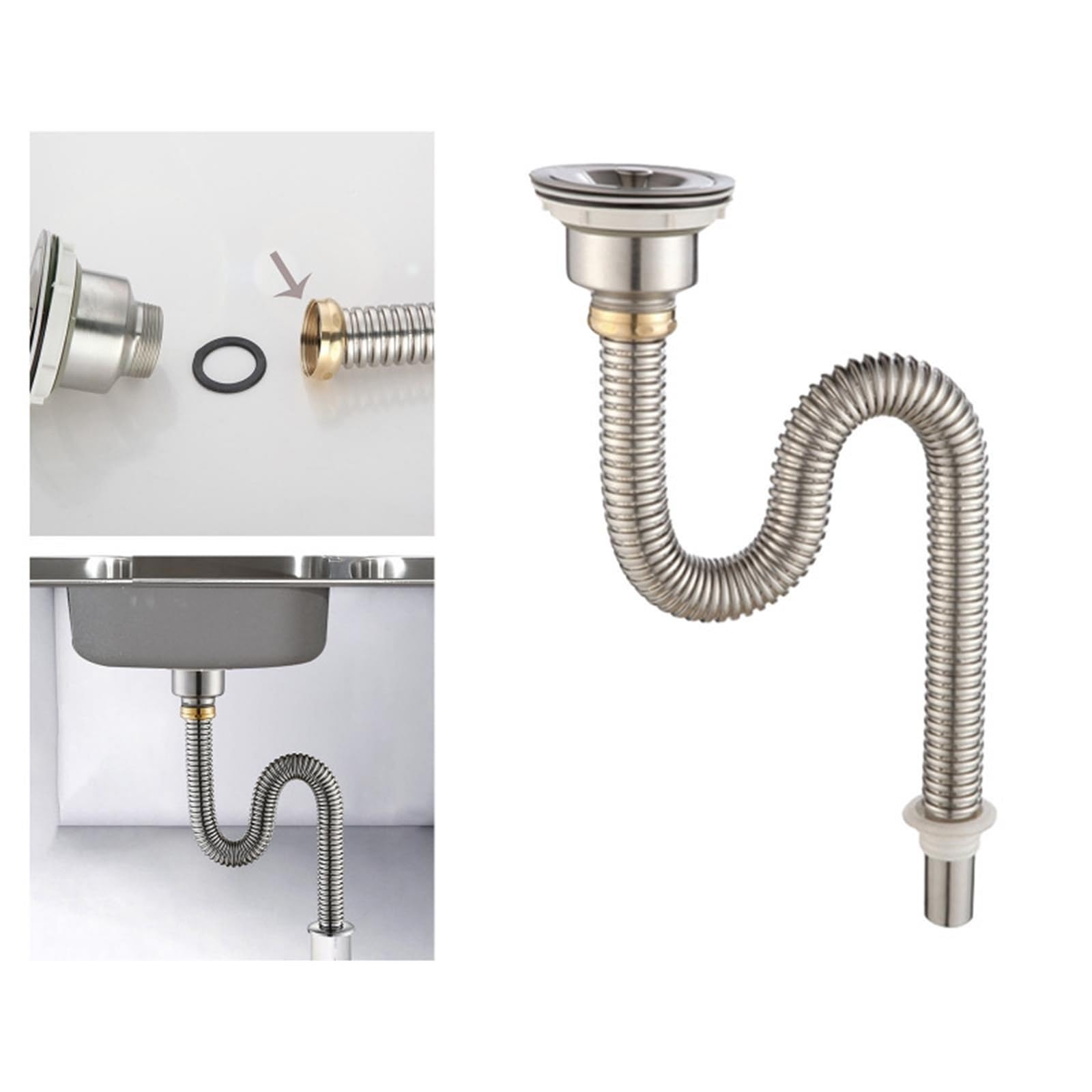 Küchenspüle-Abflussrohr, Edelstahl-Spülbeckensieb mit Spülbeckenstopfen/Dichtungsdeckel, Küchenspüle, Abwasserrohr, Abflussrohr(Chrome)