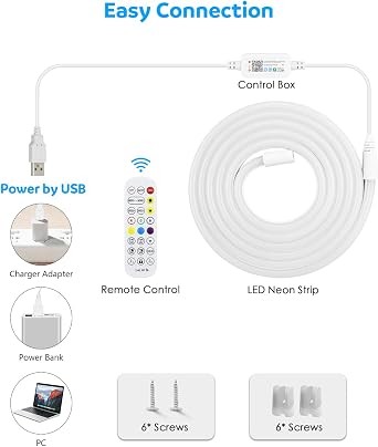 Aclorol RGB LED Neon Strip Lights 2M 5V USB Addressable LED Rope Strip Dimmable LED Neon Flex Music Sync with App Control Waterproof for Bedroom Indoor Outdoor Gaming Room Bar Party Decoration [Energy Class D]