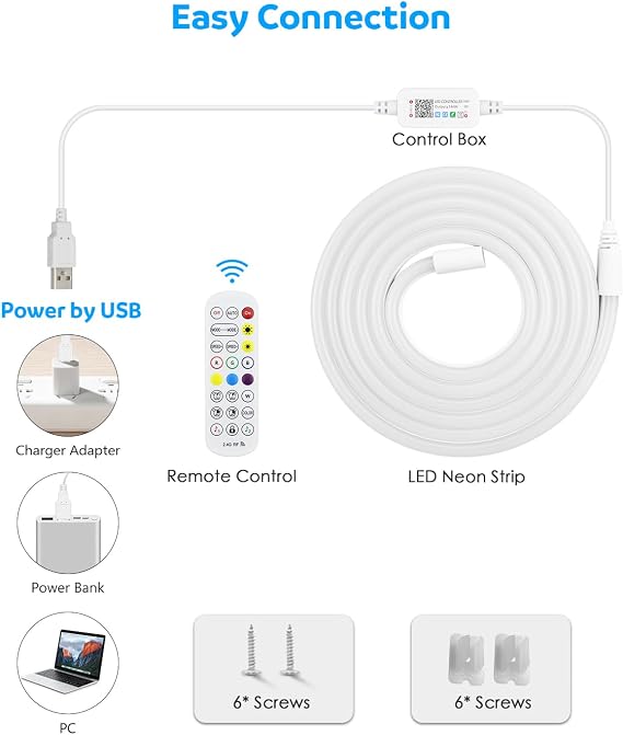 Aclorol RGB LED Neon Strip Lights 2M 5V USB Addressable LED Rope Strip Dimmable LED Neon Flex Music Sync with App Control Waterproof for Bedroom Indoor Outdoor Gaming Room Bar Party Decoration [Energy Class D]