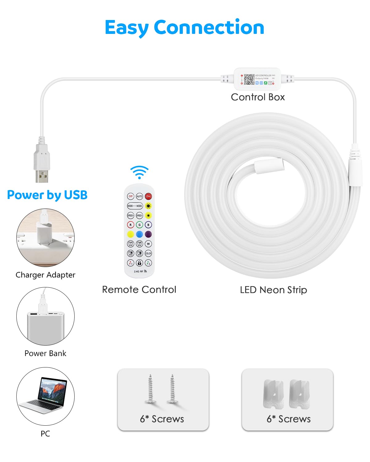Aclorol 2M USB RGB Neon LED Streifen 5M RGB LED Streifen mit USB Anschluss Addressable Musik Sync Dimmbar Neon Rope Light mit App-Steuerung Wasserdicht IP65 für Gaming Zimmer Wohnzimmer