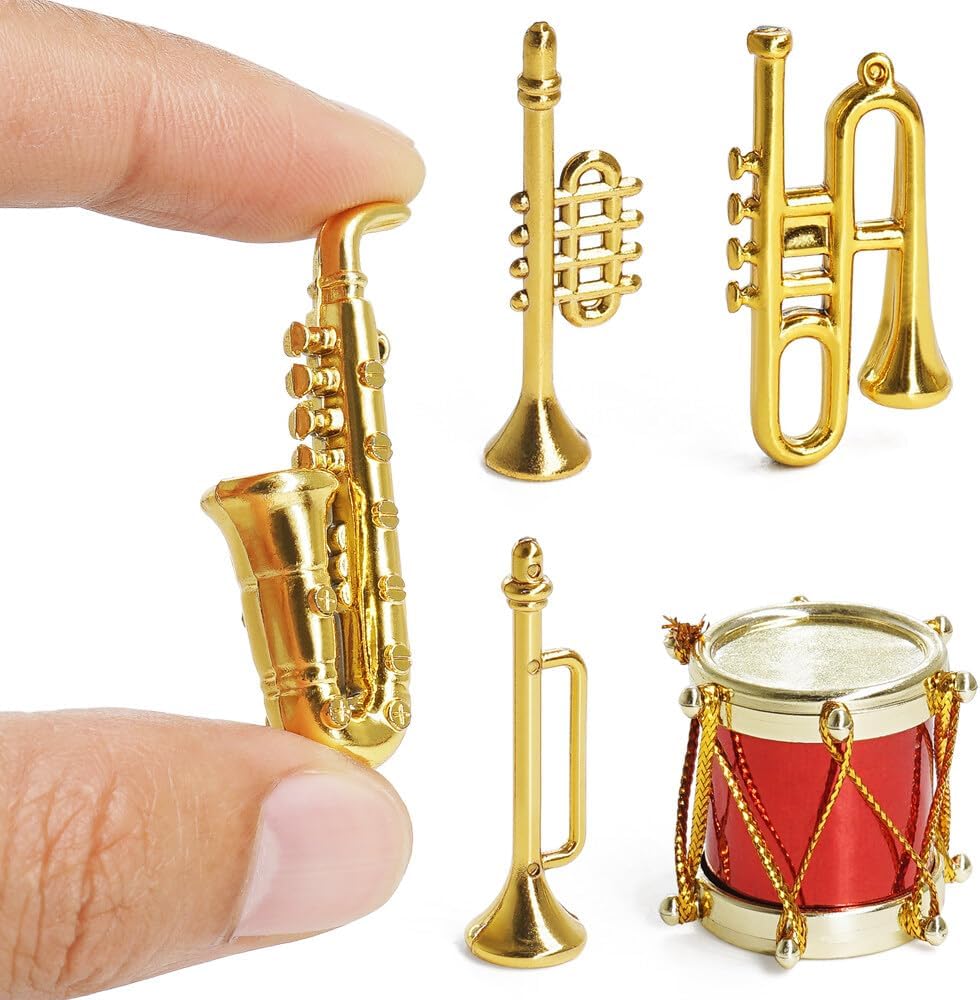 1/12 Miniature Musical Instruments 5Pcs Tiny Mini Plastic Brass Instrument Saxophone Trumpet Trombone Miniatures Dollhouse Decoration Accessories Doll House Accessory