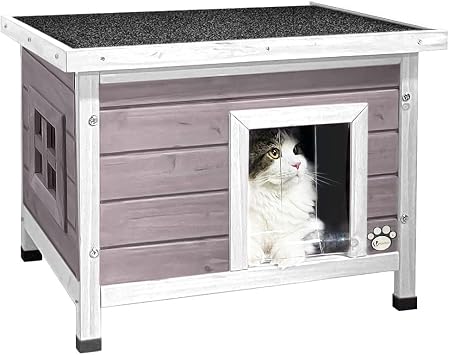 VOUNOT  Cat House Garden Wooden Kitten Home with Water-resistant Openable Roof, Privacy Window Outdoor Pet Shelter 57x45x43cm, Grey