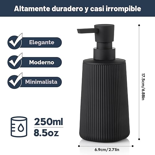 Miniatura 6 de Dispensador de jabón pequeño para baño y cocina, dispensador de jabón para manos y platos de plástico estilo granja moderna a rayas con bomba negro