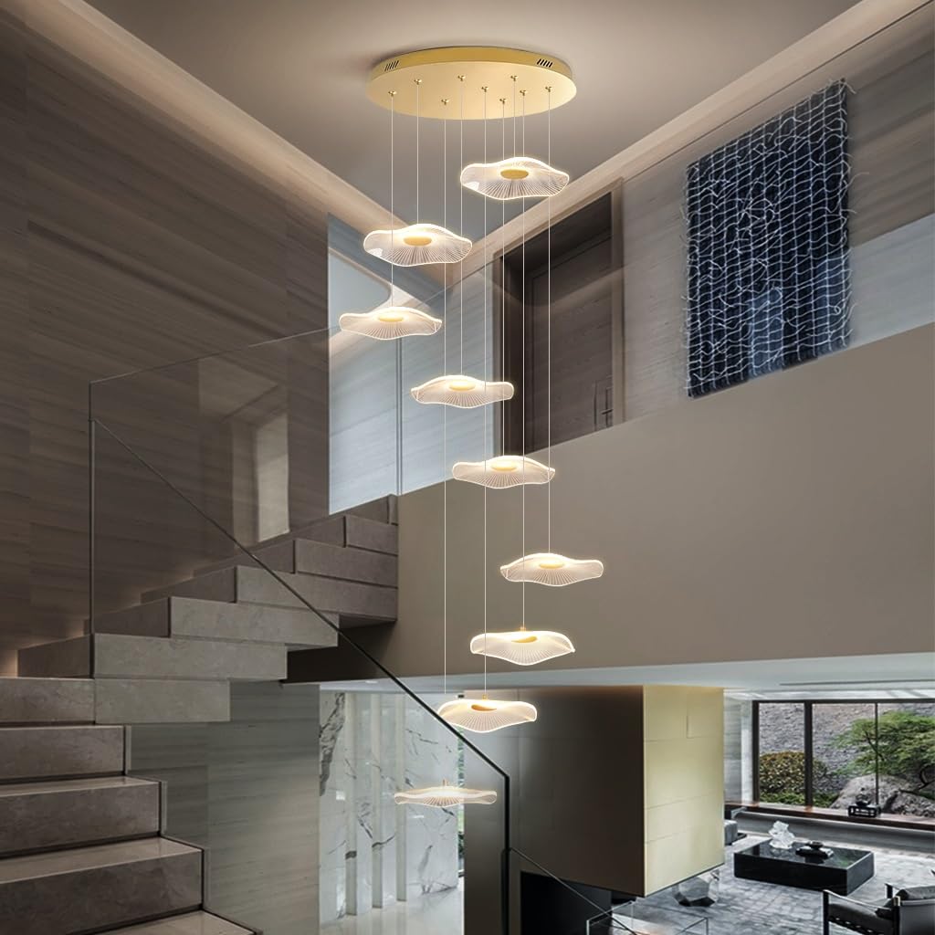 Lámpara Colgante Moderna En Forma De Hoja De Loto Dorada 12 Luces LED con Mando 3000K-6500K Altura Ajustable para Escaleras Villas Y Comedor Araña De Cristal En Aluminio Y Acrílico(9 Lights)