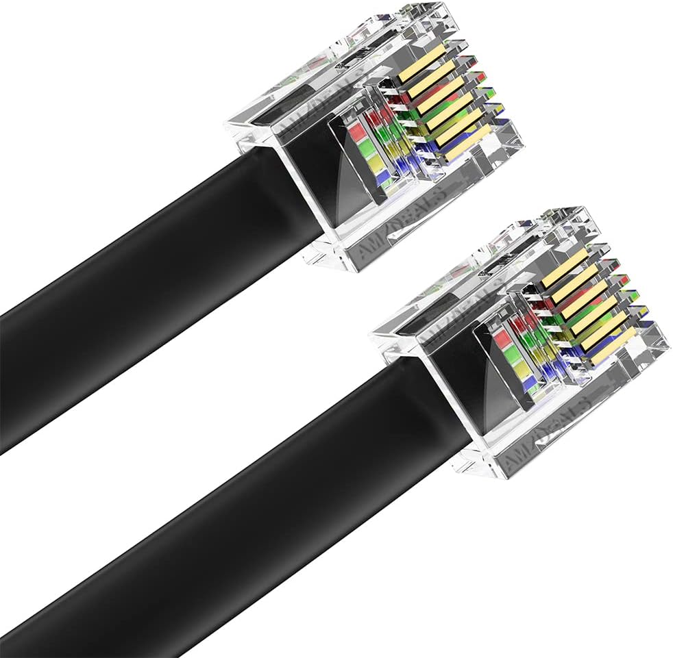 AmzDeals 2-Pack 6 Feet Black RJ12 6P6C Straight Wired Cable, Pro Grade Data and Voice Phone Line Cord - Made in USA