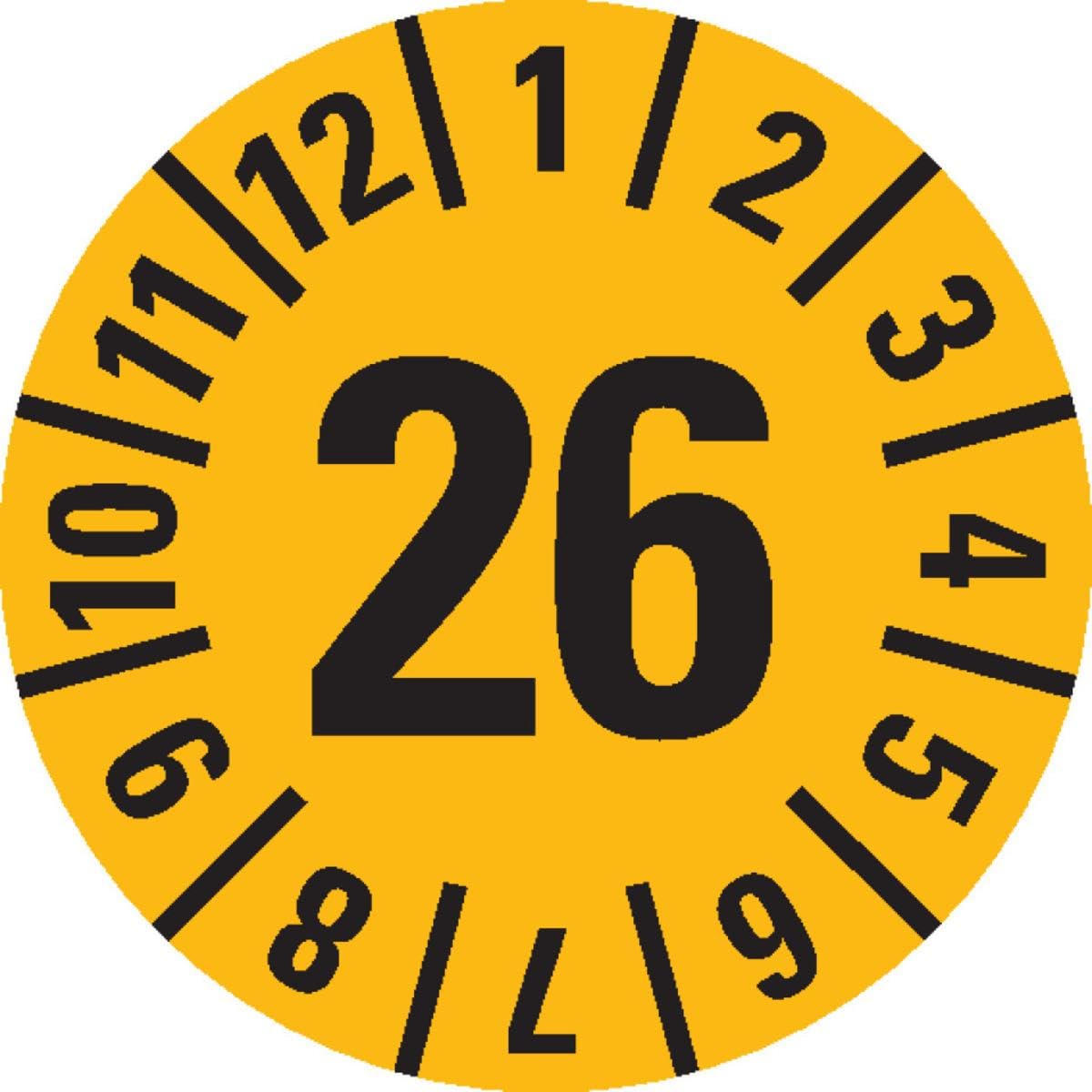 Prüfplakette 26, gelb, Folie, ablösbar, Ø 30mm, 108/Heft