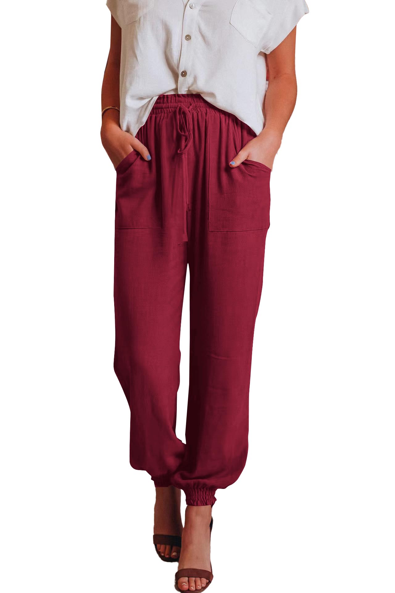 Photo 1 of LYANER Women's Casual High Waisted Elastic Drawstring Pencil Pants with Pockets Large Wine Red