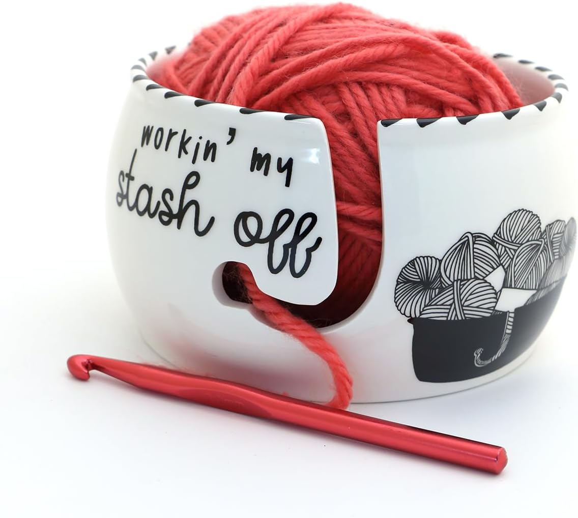 Working My Stash Off yarn bowl, yarn addict, knitting or crochet gift, Lennymud by Lorrie Veasey