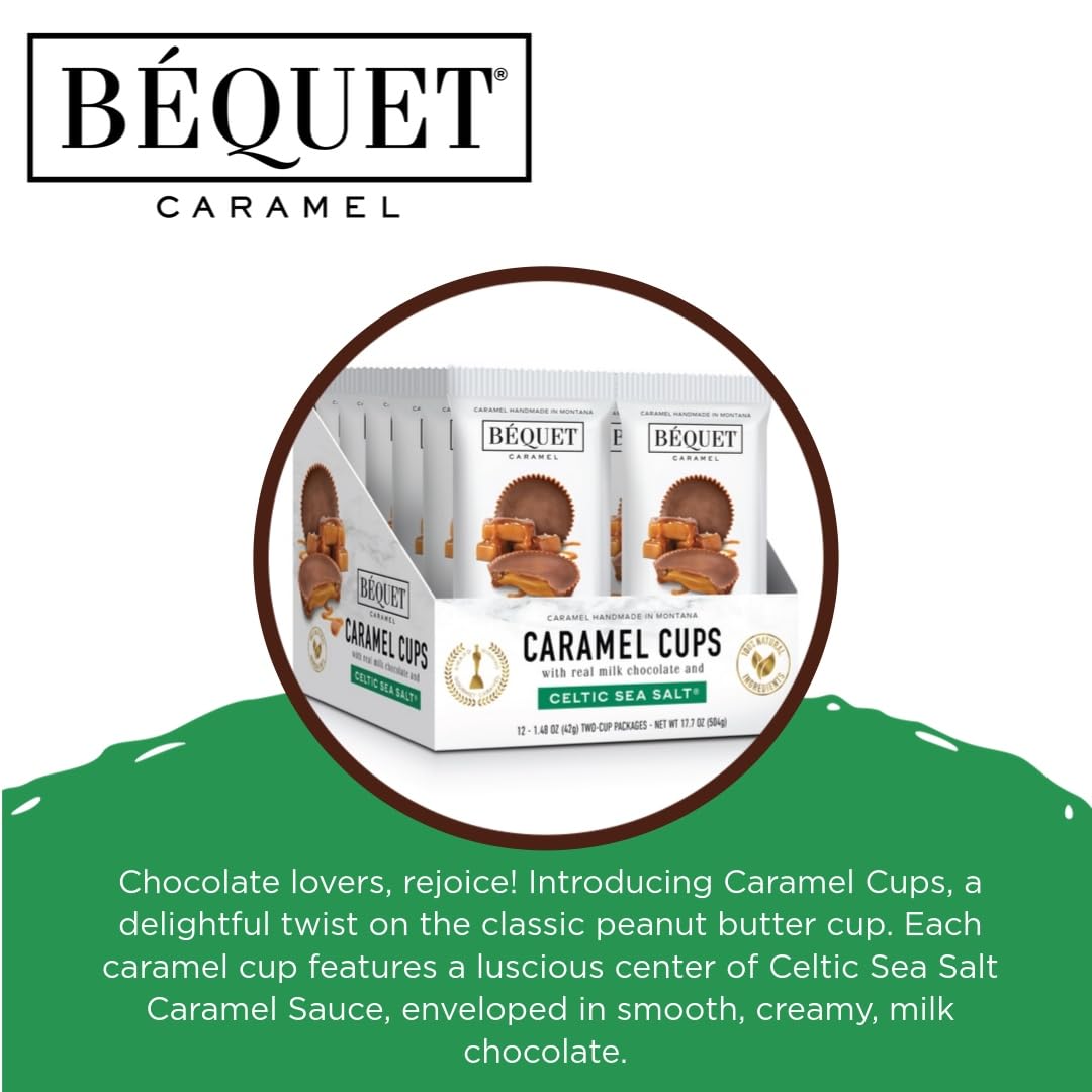 Béquet Milk Chocolate Sea Salt Caramel Cups – Soft, Individually Wrapped Chocolate-Covered Caramels, Gluten‑Free & Gourmet – 12-Pack (2 cups each)