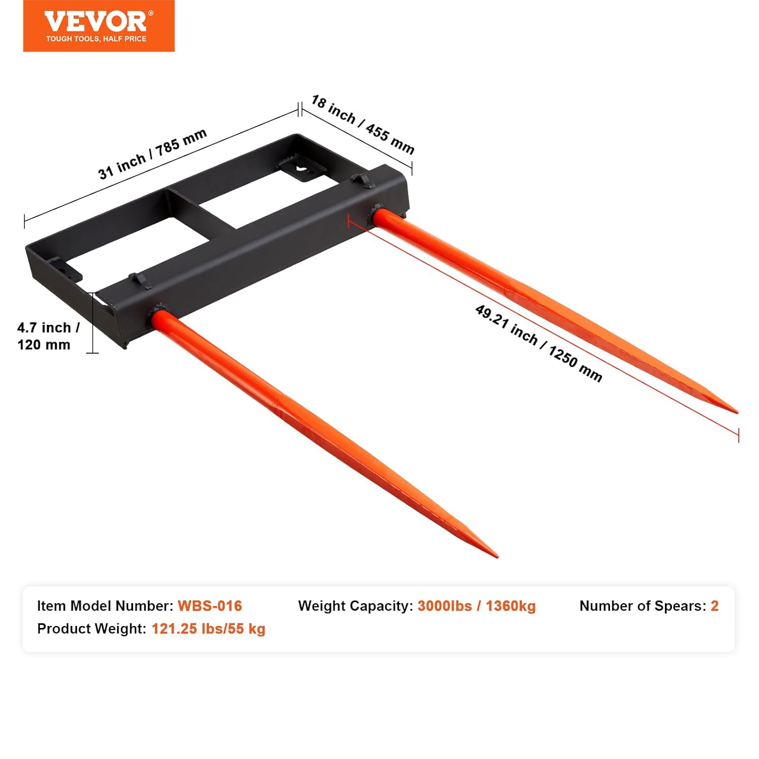 Diagram showing the dimensions of the VEVOR hay spear frame and spears, including length, width, height, and spear length.