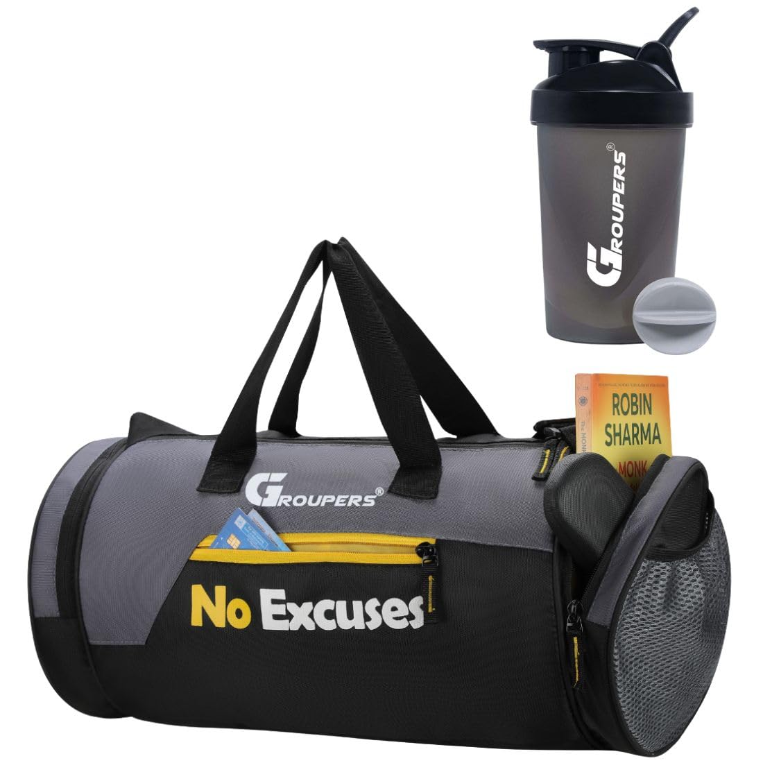 Duffle Polyester Bag NO Excuses with Shaker Bottle -400 MLlDuffle Gym Bags for Men (Black)-image-17