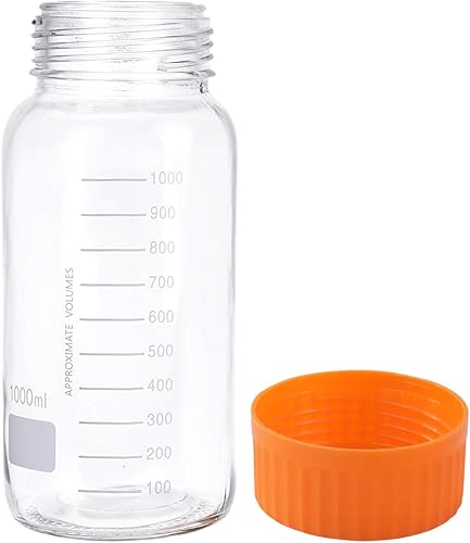 Miniatura 5 de Paquete de 3 botellas de vidrio de laboratorio de almacenamiento de 33.8 fl oz de boca ancha graduadas con tapa de rosca de polipropileno naranja