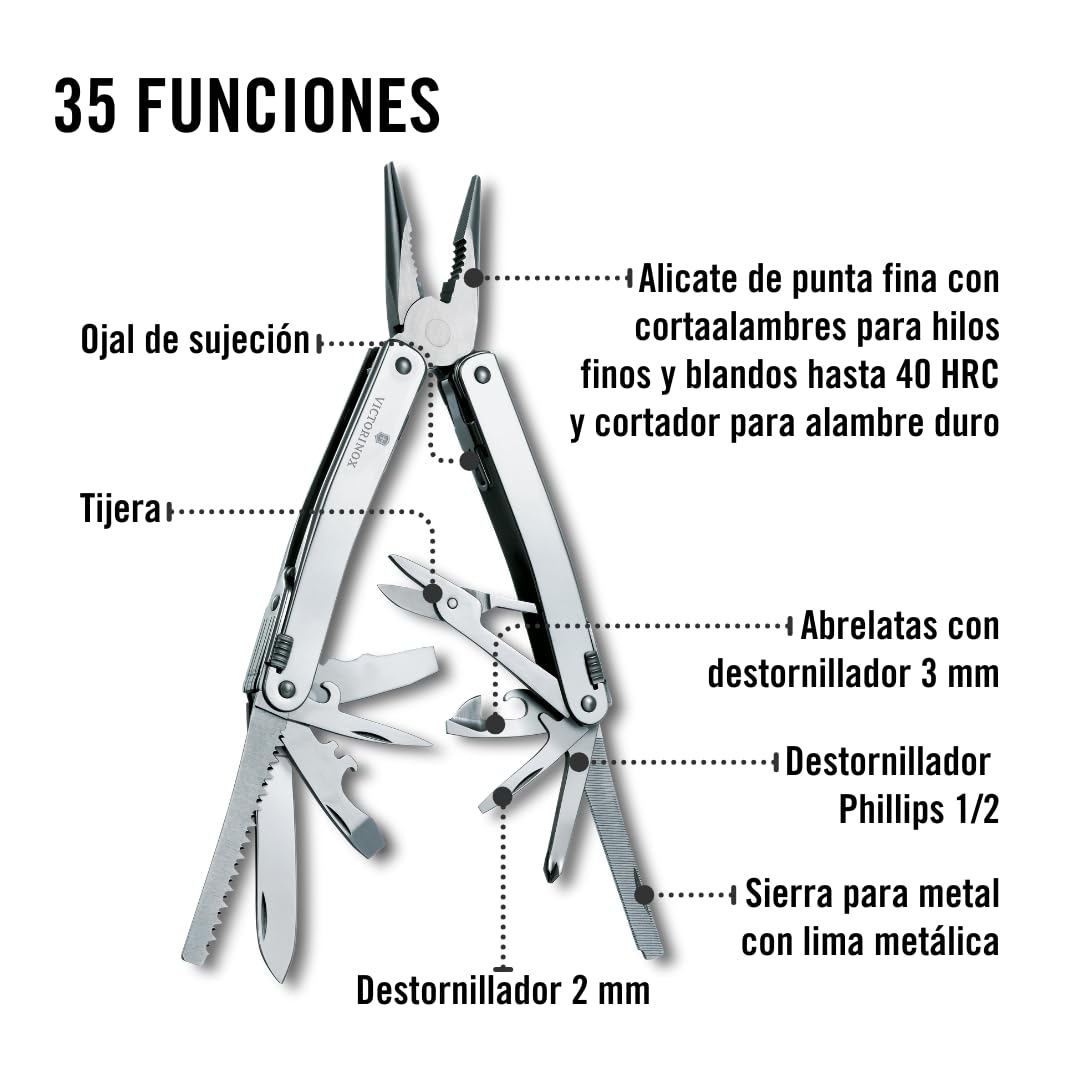 Victorinox Herramienta multifunción Swiss Tool Spirit X Plus, 35 funciones, Hecha en Suiza, multiherramienta con hoja bloqueable, incl. estuche de piel, color plata