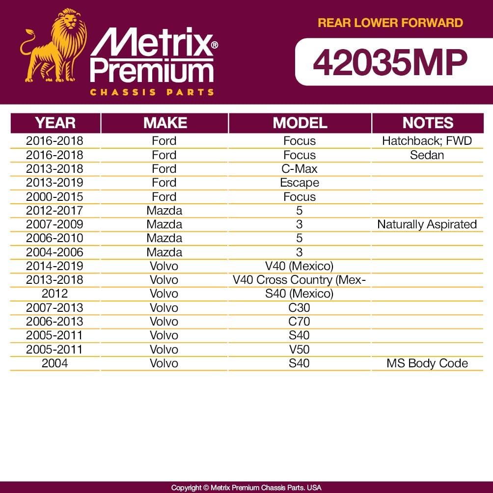 Metrix Premium Chassis Parts - Rear Lower Forward Control Arm Bushing Kit Fits 00-18 Ford Focus, 13-18 C-Max, 13-19 Escape, 12-17 5, 04-09 3, 06-10 5, 14-19 Volvo V40, K200064, Made in Europe
