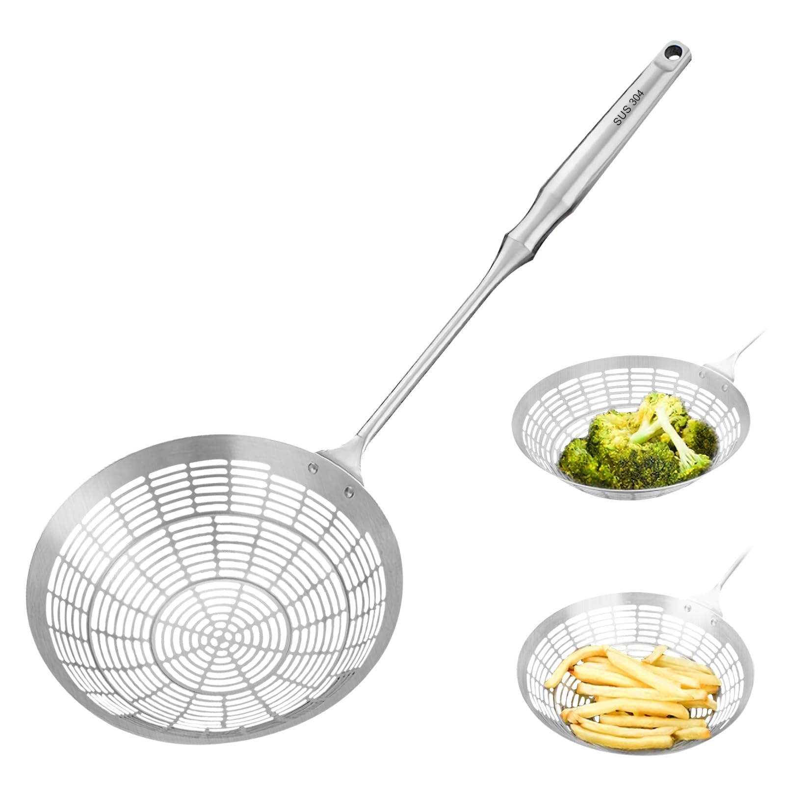 Upgraded Stainless Steel Spider Strainer Skimmer Ladle for Cooking and Frying, Kitchen Utensils Wire Strainer Pasta Spoon (L)
