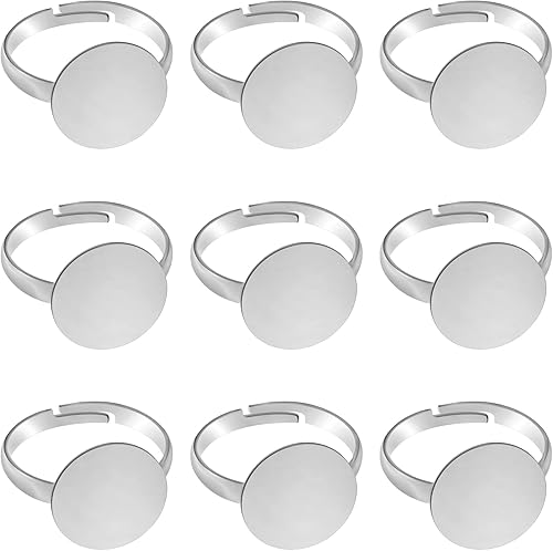 TOAOB - 60 anillos en blanco chapados en plata, anillos planos ajustables con base en blanco