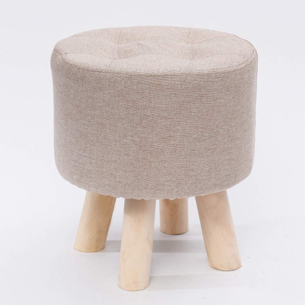 Tabouret rond en bois beige et lin capitonné de 31x35 cm