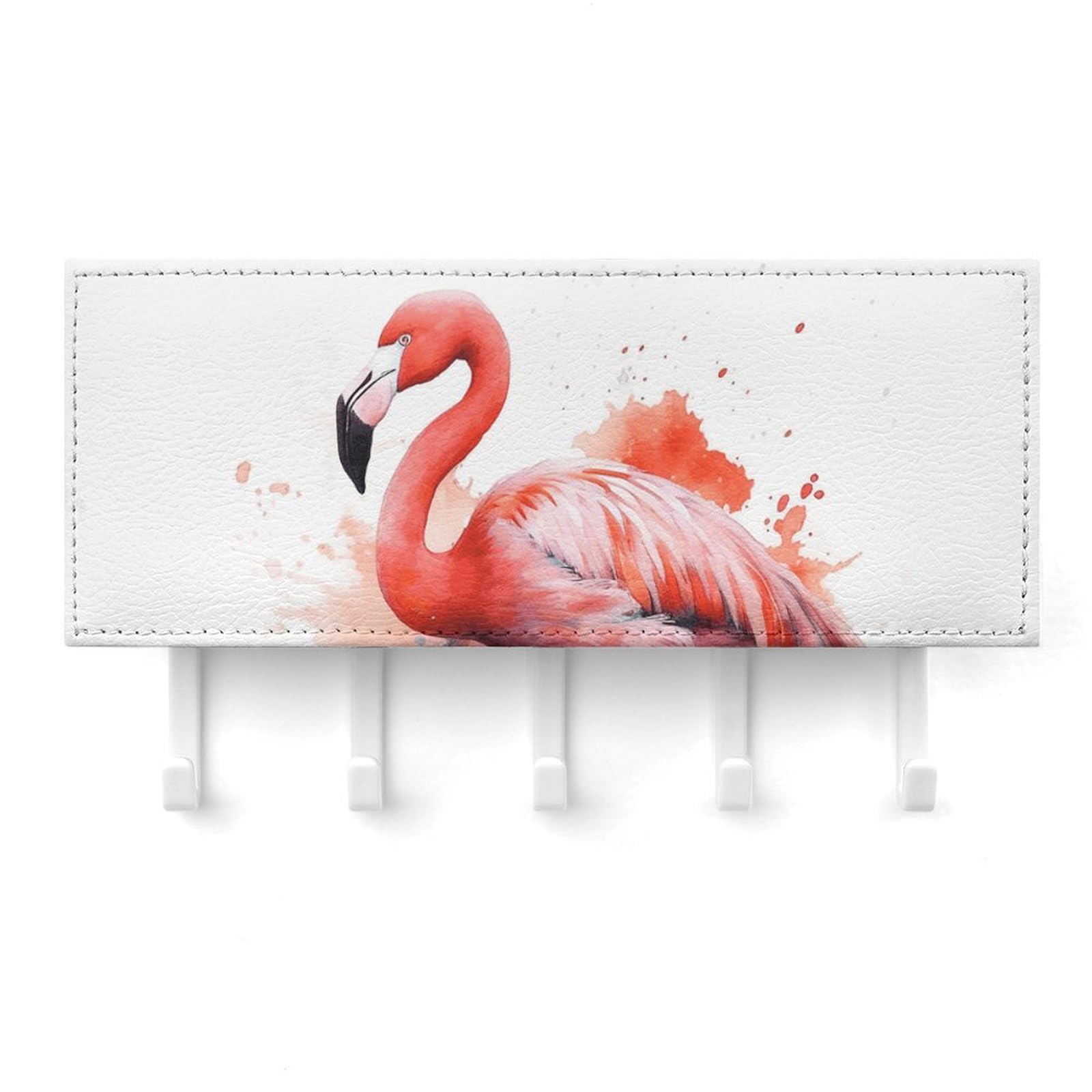 QMNLKH Watercolor Flamingo Wall Mounted Key Rack for Home, No Drilling Key Holder with 5 Hooks, Self Adhesive Keys Chain Organizer for Hallway, Keys Hanger Shelf for Office, Doorway White