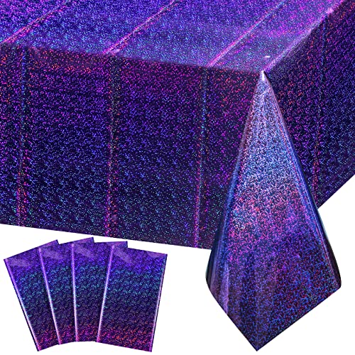 4 Pack Iridescence Plastic Tablecloths Shiny Disposable Laser Rectangle Table Covers Holographic Foil Tablecloth Iridescent Party Decoration Birthday Bridal Wedding Christmas 54" X 108"(Purple) #TOP7