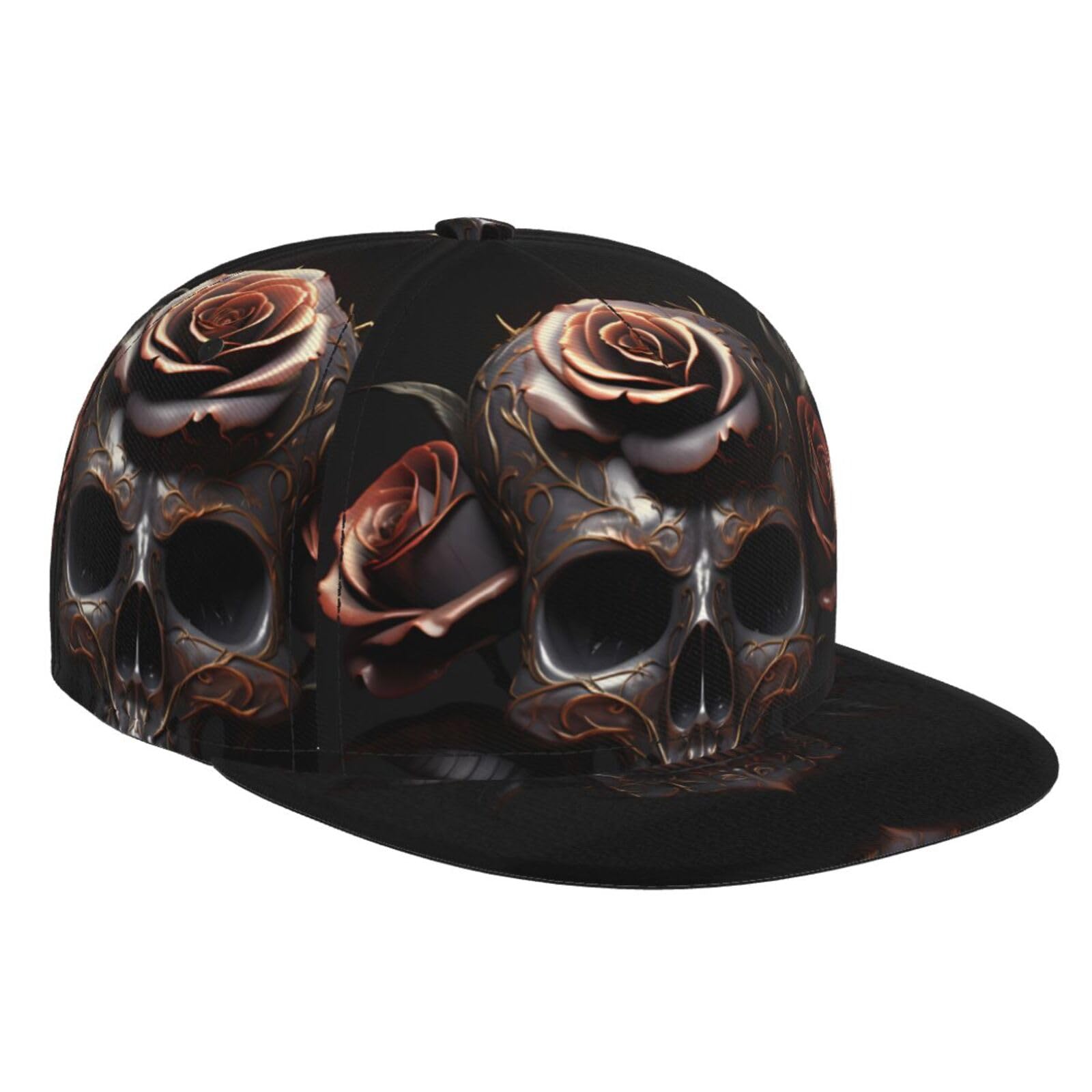 WZYWHJ Fashion Flat Brim Baseball Cap Black Skull Rose Prints Adjustable, Breathable & Lightweight for Men & Women