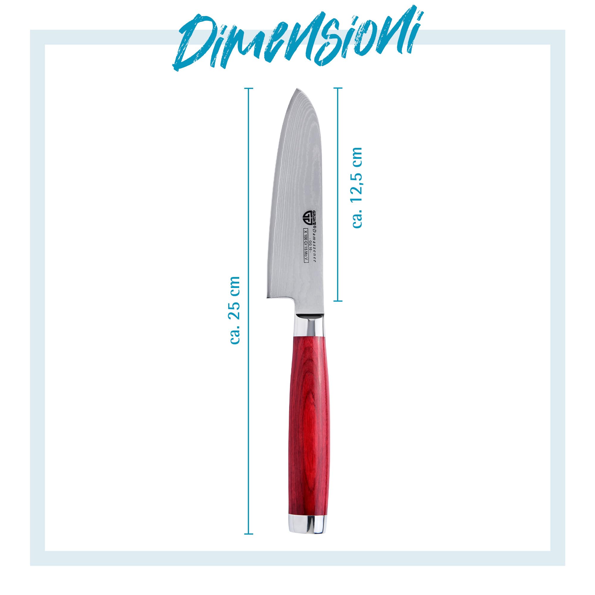 GRÄWE Coltello da cucina Damasco, lama da 12,5 cm, coltello damascati, coltello Santoku, impugnatura in Pakkawood, coltello da cucina molto affilato, incluso astuccio regalo in metallo