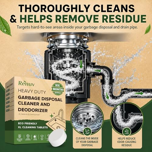 Image of Renuv Garbage Disposal Cleaner and Deodorizer Tablets, 6 XL Tablets | Foaming Citrus Scent, Drain Freshener, Kitchen Sink Odor Refresher For Garbage Disposer Cleaning