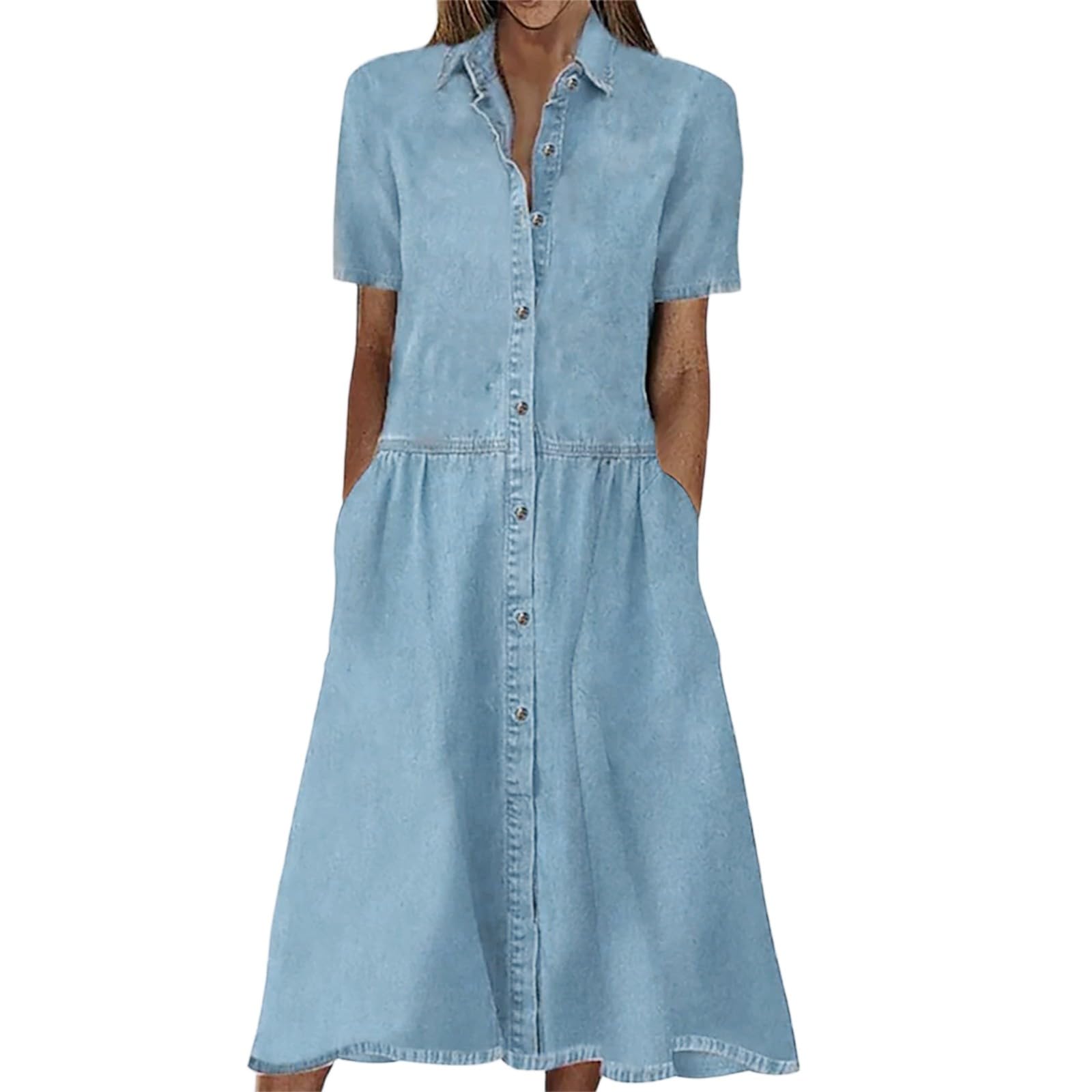 Generisch Jeanskleid Damen mit Knöpfen Sommerkleid Damen Jeans Leichte Sommerkleider Kurzarm Midi Kleider Sommer Elegant Hemdkleid Frauen