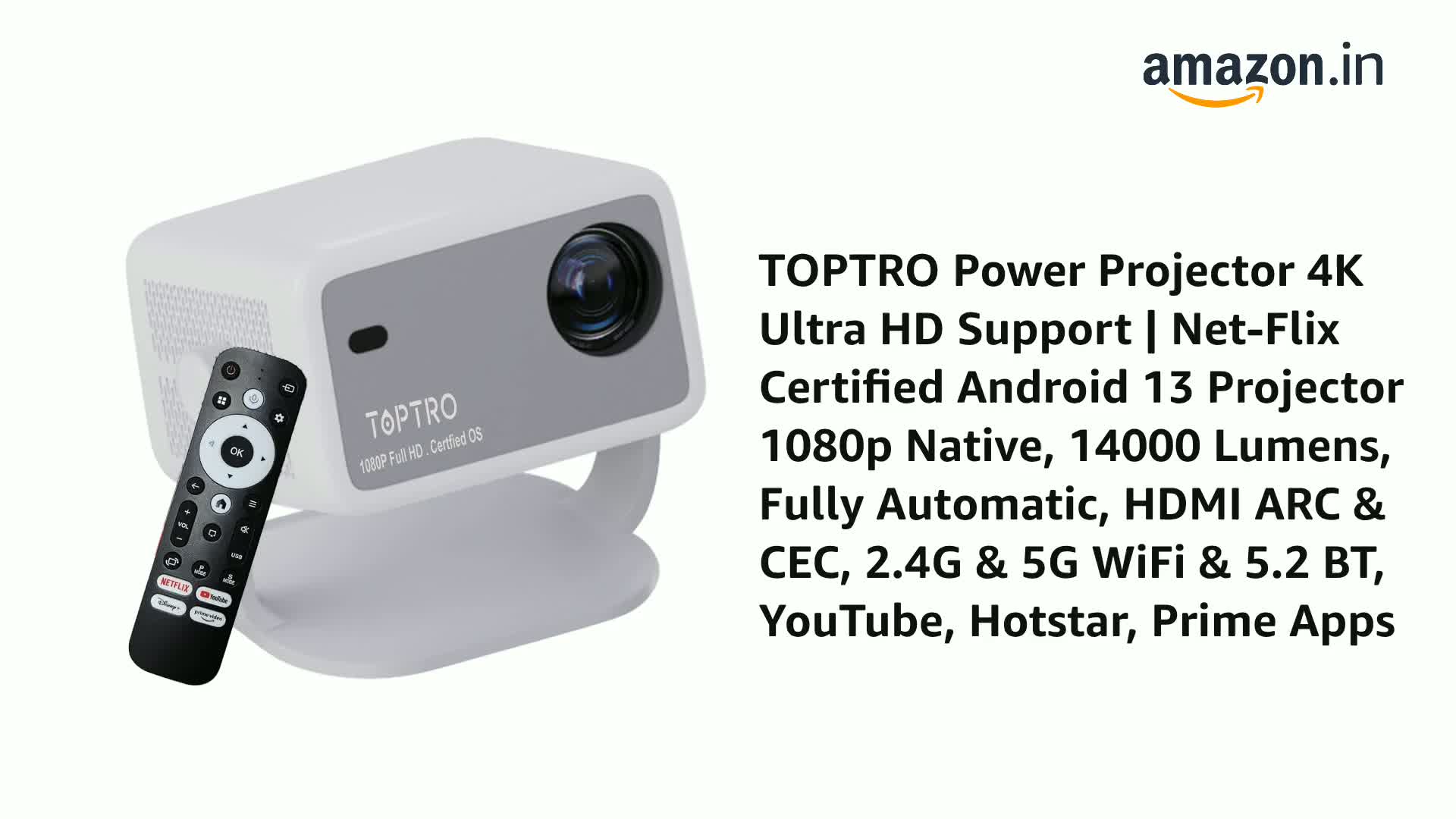 Net-Flix Certified TOPTRO Power Projector 4K Ultra HD, Android 13 Net-Flix Certified TOPTRO Power Projector 4K Ultra HD, Android 13