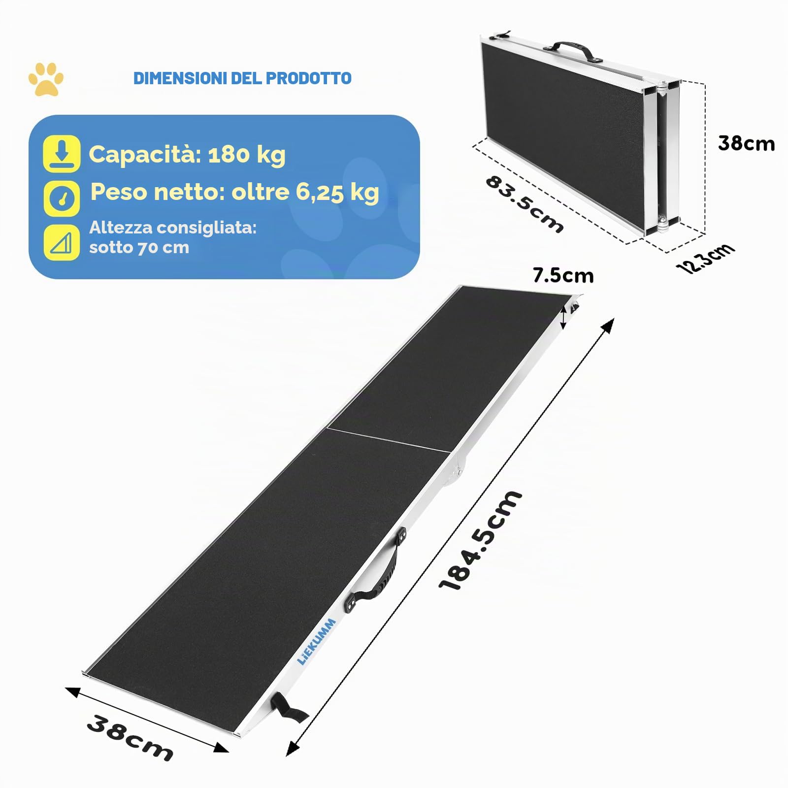 LIEKUMM Rampa per Cani, 184,5 cm Rampa auto cane pieghevole, Capacità 180KG Rampa da Auto per Animali in alluminio con superficie antiscivolo
