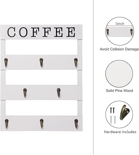 Miniatura 4 de Soporte para tazas de café de madera maciza montado en la pared, estante rústico para tazas con 8 ganchos, gran espacio para tazas grandes para