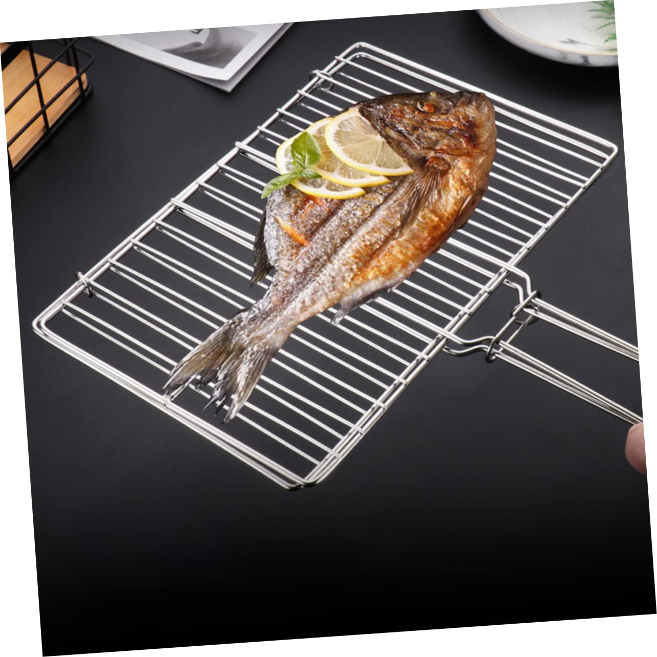 Garneck Thickened Grill Fish Rack Bbq Tool Stainless Steel Grill Basket for Outdoor Cooking