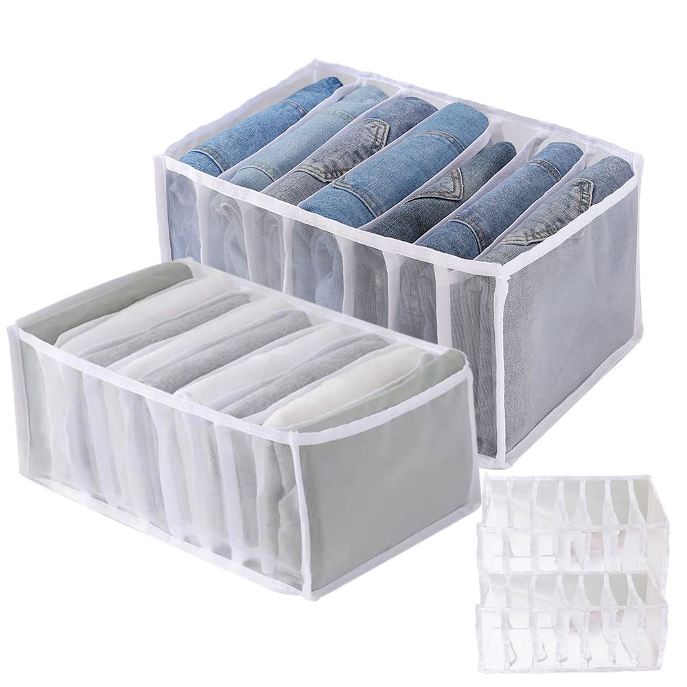 Yontree2 Pcs Clothes Drawer Organizer Foldable Large/Medium Sizes 7 Grids Wardrobe Storage Box for Pants Jeans Legging T-shirt(White)