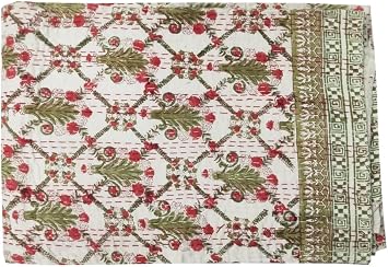 YUVANCRAFTS Indian Block Print Quilt Queen Kantha Quilts Kantha Throw Kantha Bedspread Blanket Cotton Bed Cover Quilt Boho Kantha Quilts Bedspread (Green & Red, Twin 90 X 60 Inch)