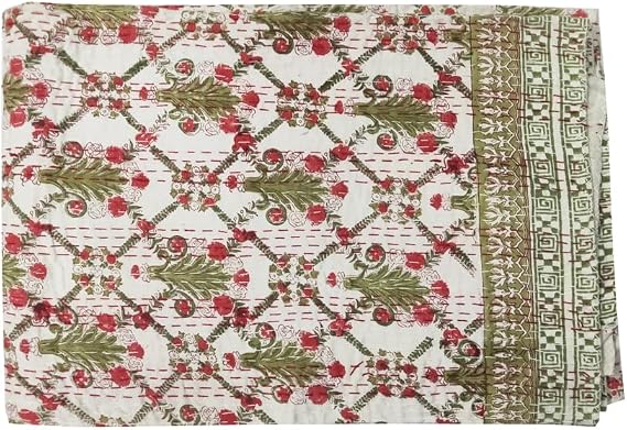 YUVANCRAFTS Indian Block Print Quilt Queen Kantha Quilts Kantha Throw Kantha Bedspread Blanket Cotton Bed Cover Quilt Boho Kantha Quilts Bedspread (Green & Red, Twin 90 X 60 Inch)