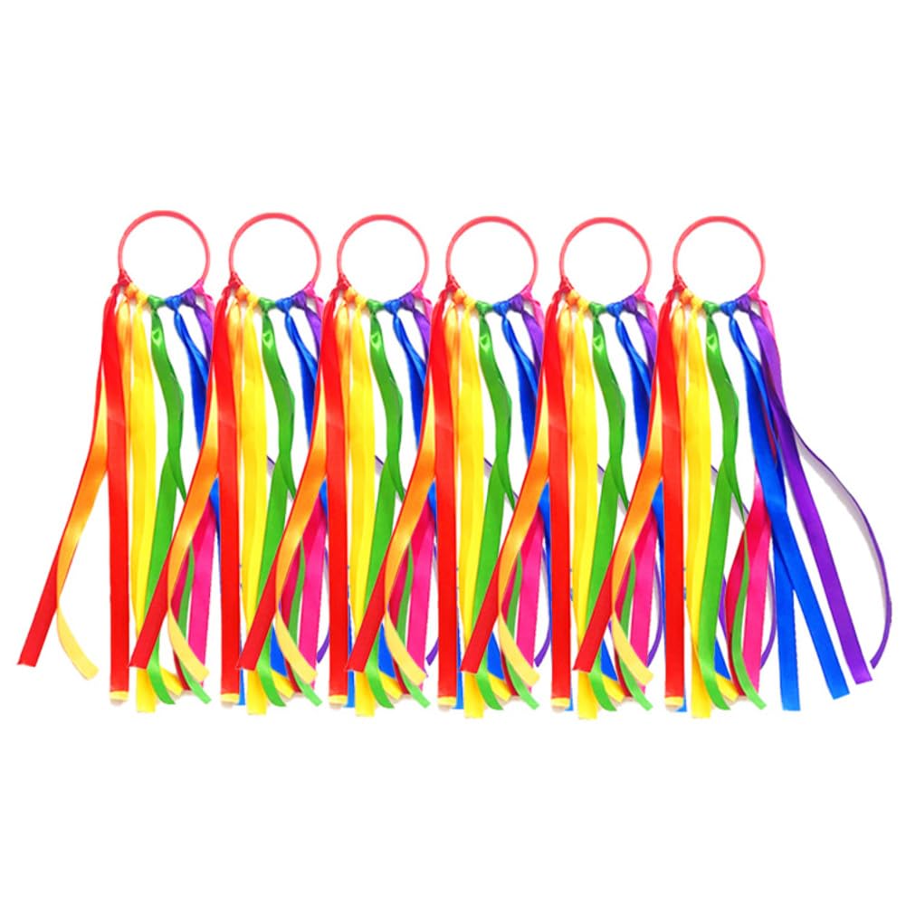 Lot de 6 rubans arc-en-ciel avec poignée en forme d'anneau pour gymnastique rythmique enfants