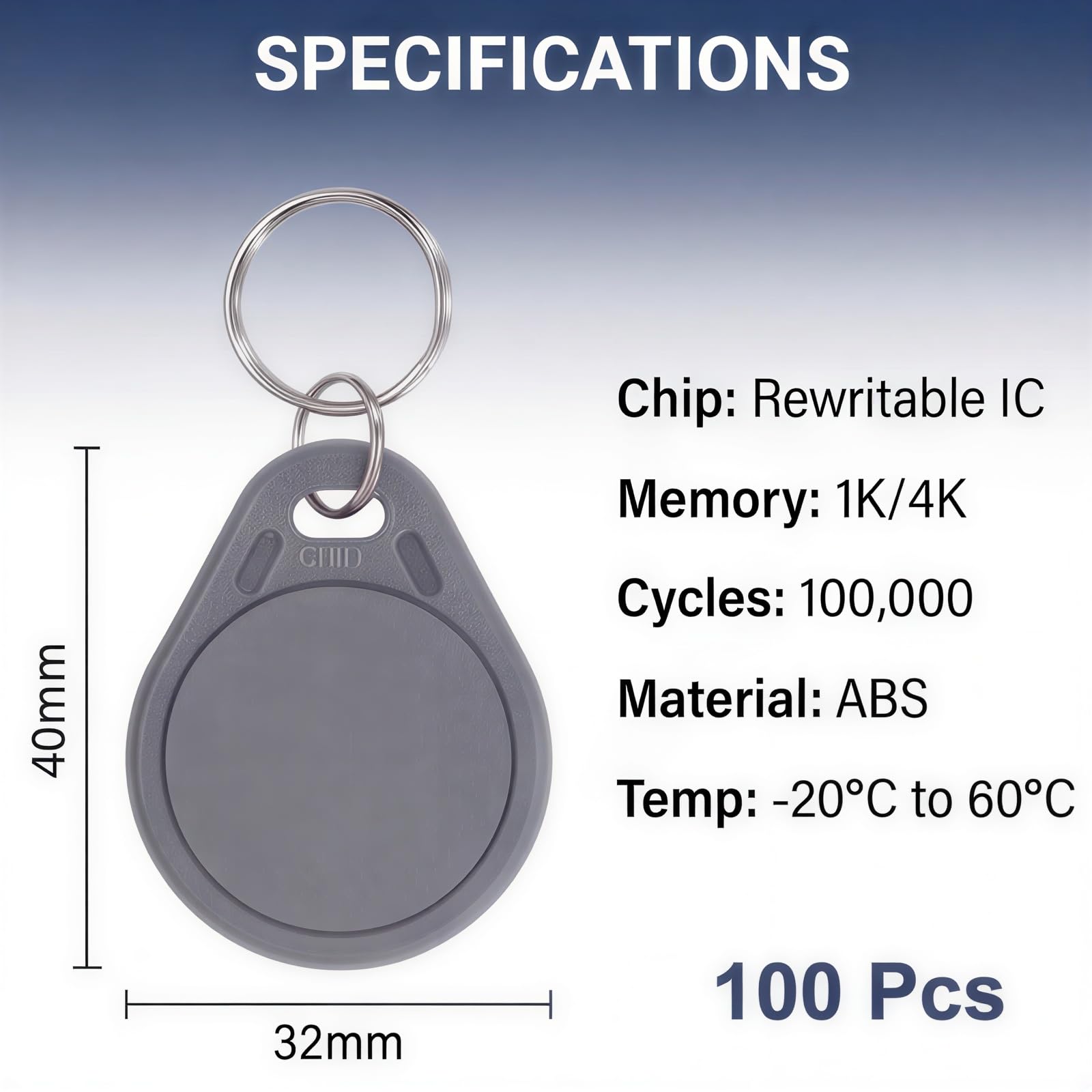 100 llaveros RFID de 13.56 MHz | Llavero ABS de proximidad reescribible, etiqueta NFC, gris, llavero de control de acceso, para oficina, hotel, estacionamiento, apartamento
