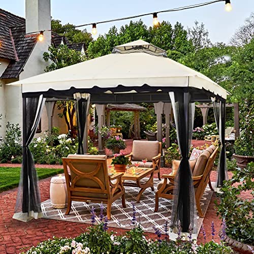10X10 Gazebo With Mosquito Netting And Sand Bag, Aluminum Pole Outdoor Gazebo With Polyester Top, Fireproof Enclosure & Waterproof Screen Patio Tent, Garden Pavilion For Backyard, Lawn (Cream) #TOP16