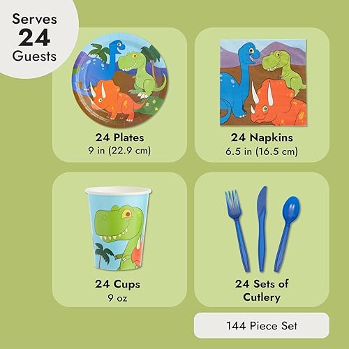 Miniatura 5 de 144 piezas de suministros para fiesta de cumpleaños de dinosaurios para niños con platos, cuchillos, cucharas, tenedores, tazas y servilletas (sirve